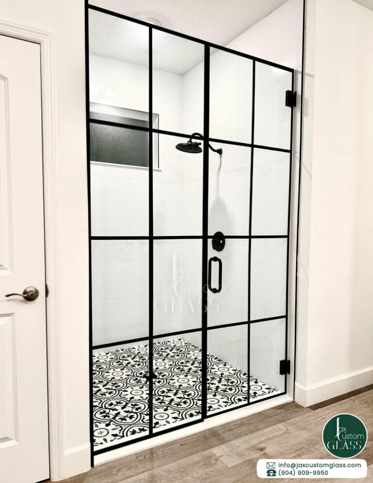In-Line-Frameless-Shower-Enclosure-With-Swing-Door-And-Grids