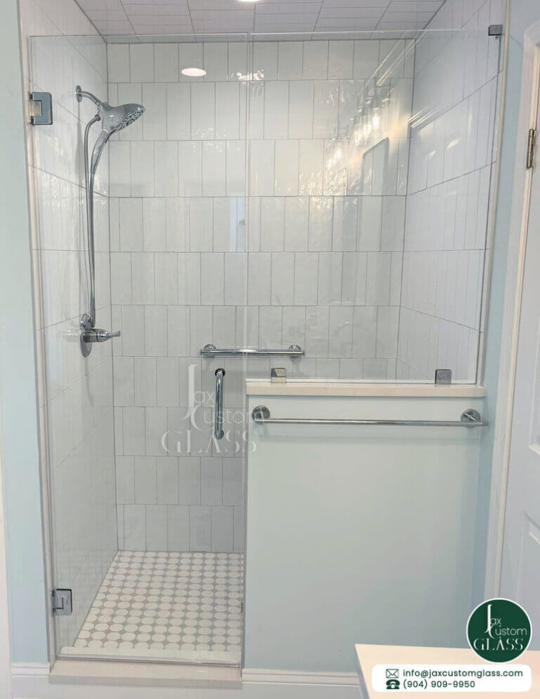 In line frameless shower enclosure with swing door and neo wall 2