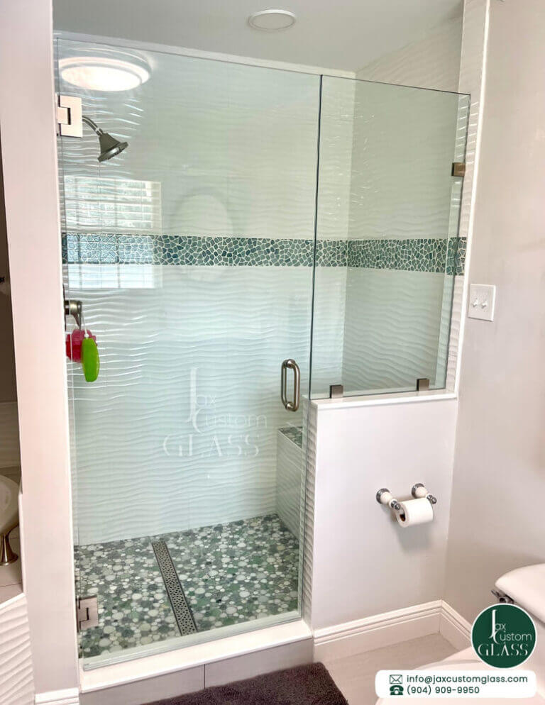 In line frameless shower enclosure with swing door and neo wall 3