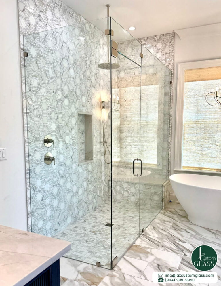 Ninety-Degree-Frameless-Shower-Enclosure-With-Pivot-Glass-Door-And-Transome-With-Polished-Nickel-Hardware