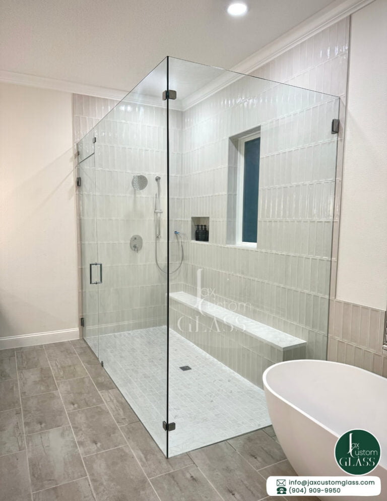 Ninety degree frameless shower enclosure with swing door and chrome hardware