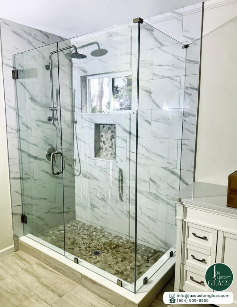 Ninety-Degree-Glass-Enclosure-With-Swing-Door-And-Brushed-Nickel-Hardware