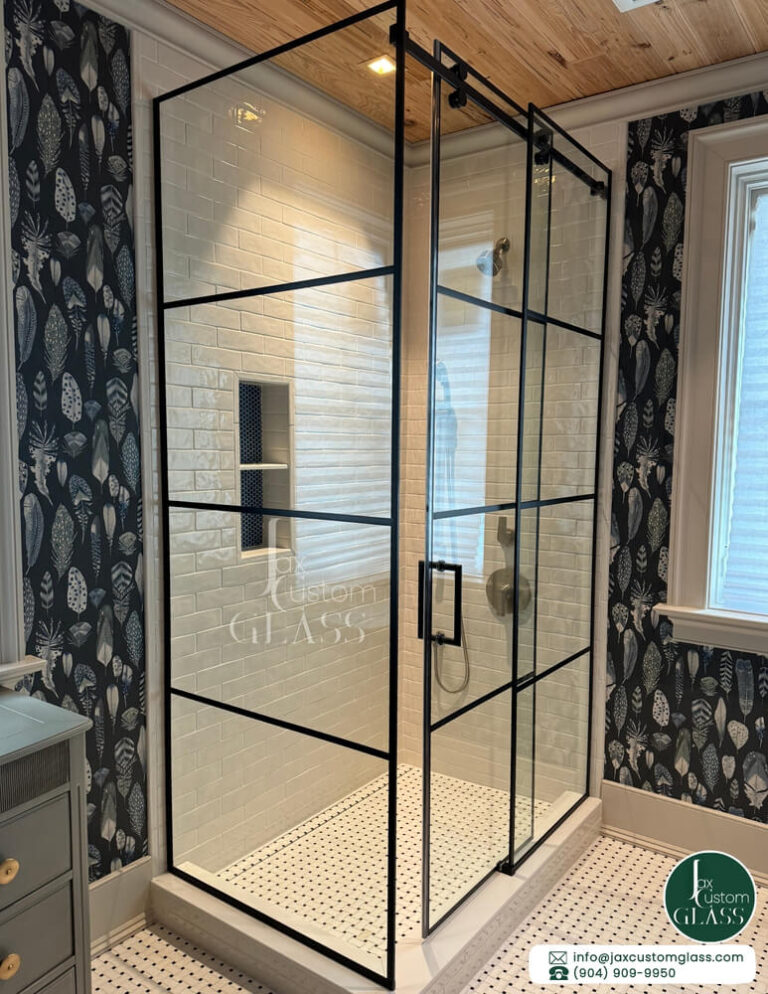 Ninety degree single sliding glass door with grids and matte black hardware