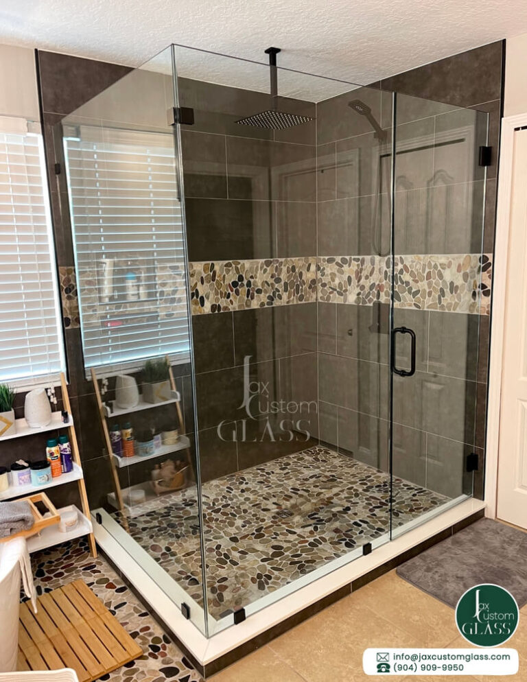 Ninety dregree frameless shower enclosure with swing door