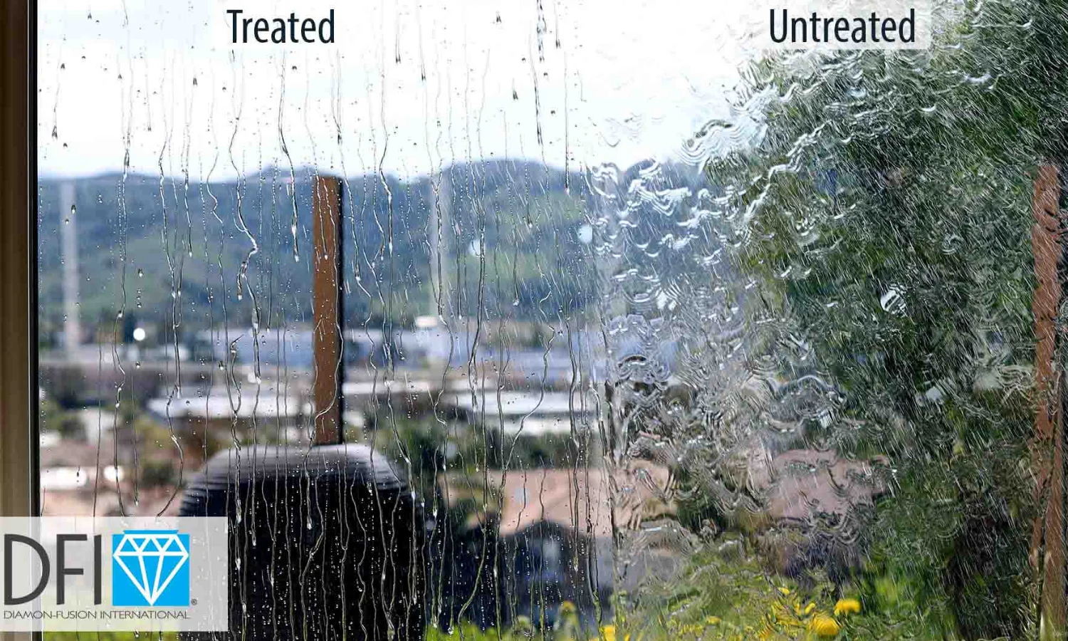 Window pane showing treated (left) vs untreated (right) glass with water beads, cityscape blurred in the background (Diamond Fusion branding bottom-left).