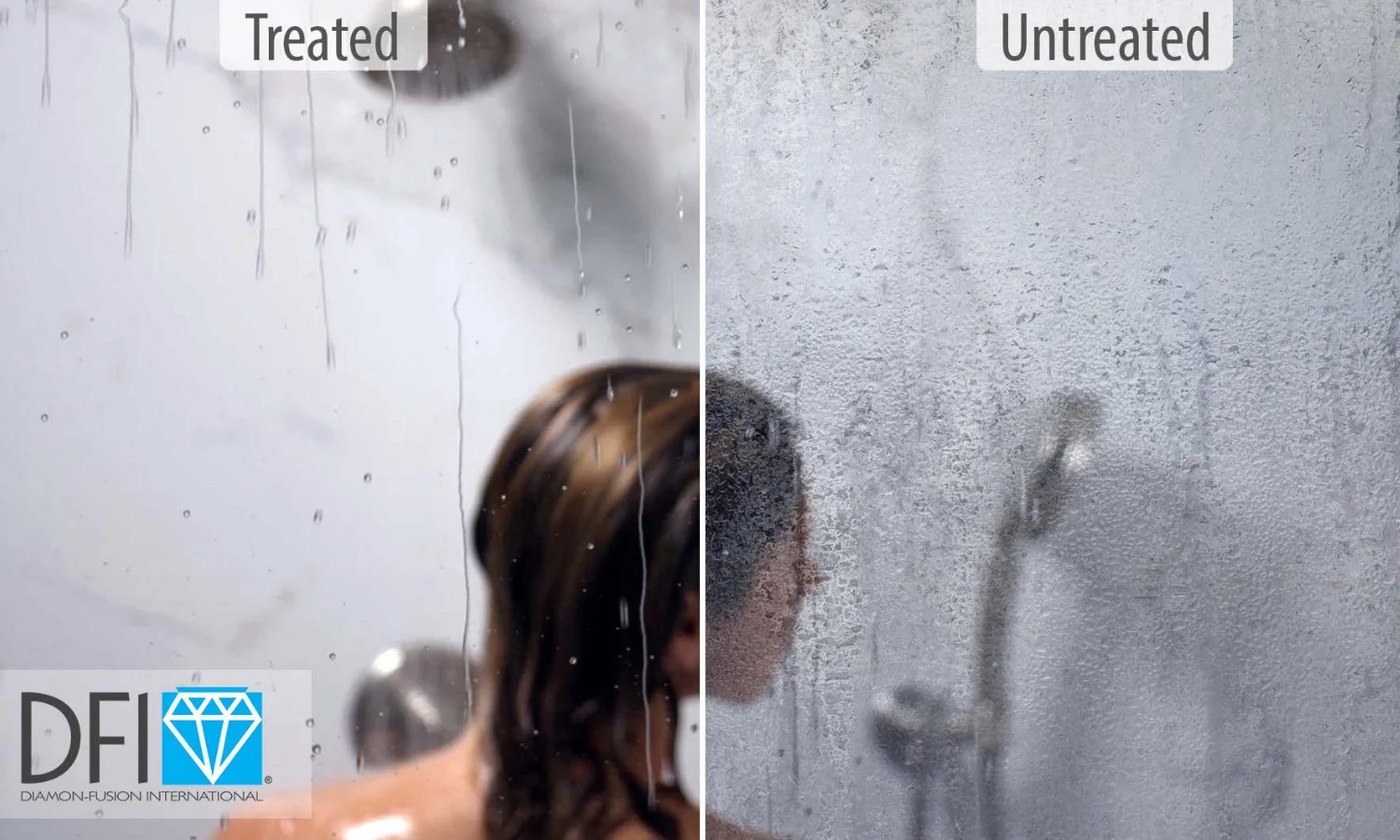 Split-screen comparison: left labeled Treated shows clear glass with water beads; right labeled Untreated shows foggy, opaque glass with a blurred silhouette of a person behind it.